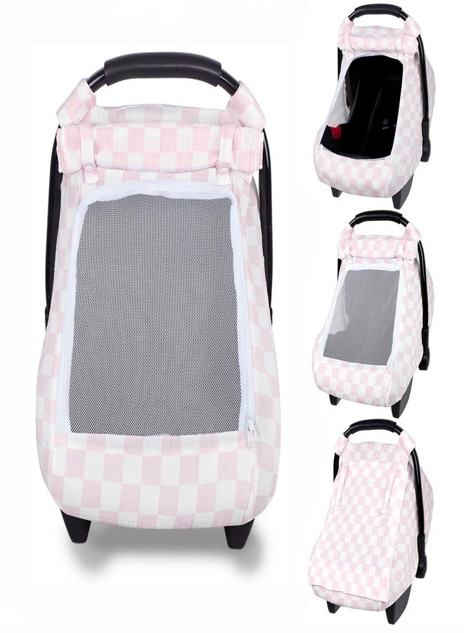 DAYEEBALL Summer Baby Car Seat Cover, Muslin Carseat Cover for Infant Boys Girls with Large Mesh Window, Breathable Newborn Car Seat Canopy, Pink Checkerboard - Image 1
